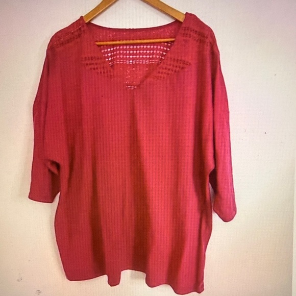 d/C Jeans Tops - d/C Jeans Woman Pink 3/4 Sleeve Lace V Neck Pullover Top Plus Size 3X